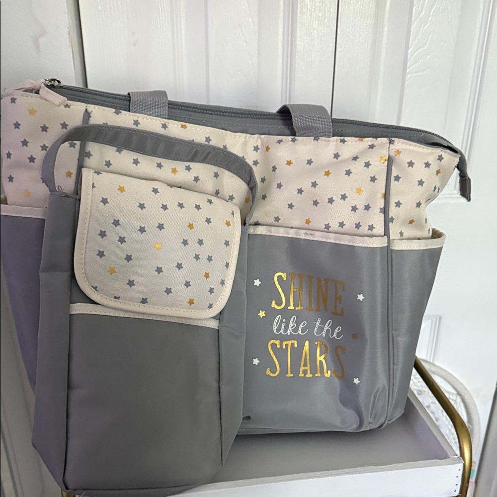 Gray and Cream Star Patterned Diaper Bag